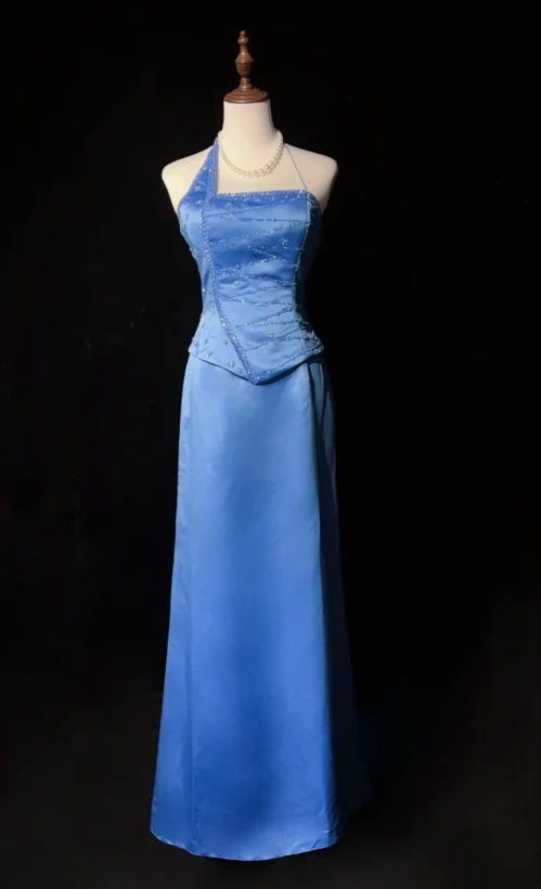 Vintage Asymmetric Neck Sheath Long Evening Dresses Satin Blue Guest Dress DP3303 - Deanwangkt