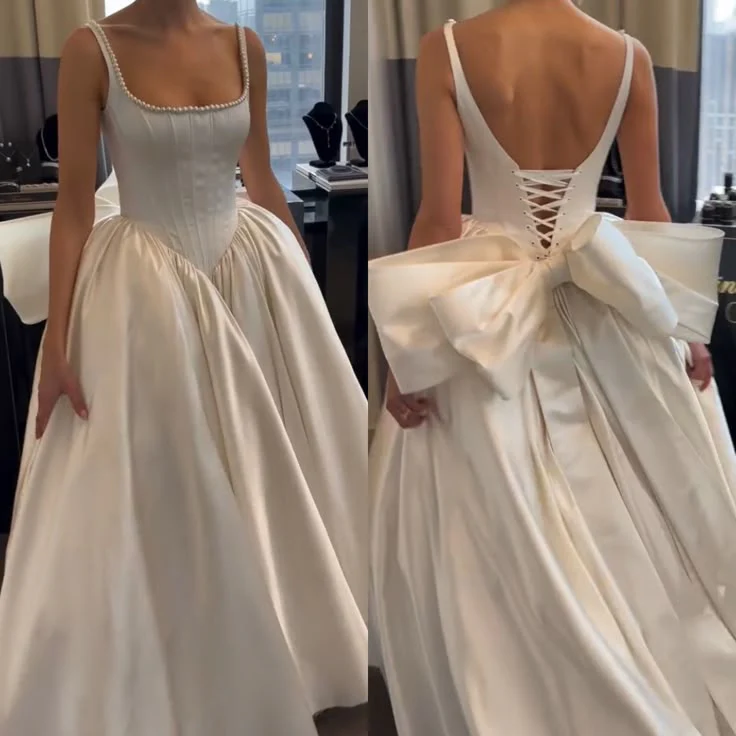 Classic Bridal Gown Ball Gown Square Neck Sleeveless Satin White Wedding Dresses Minimalist Bridal Gowns DH738 - Deanwangkt