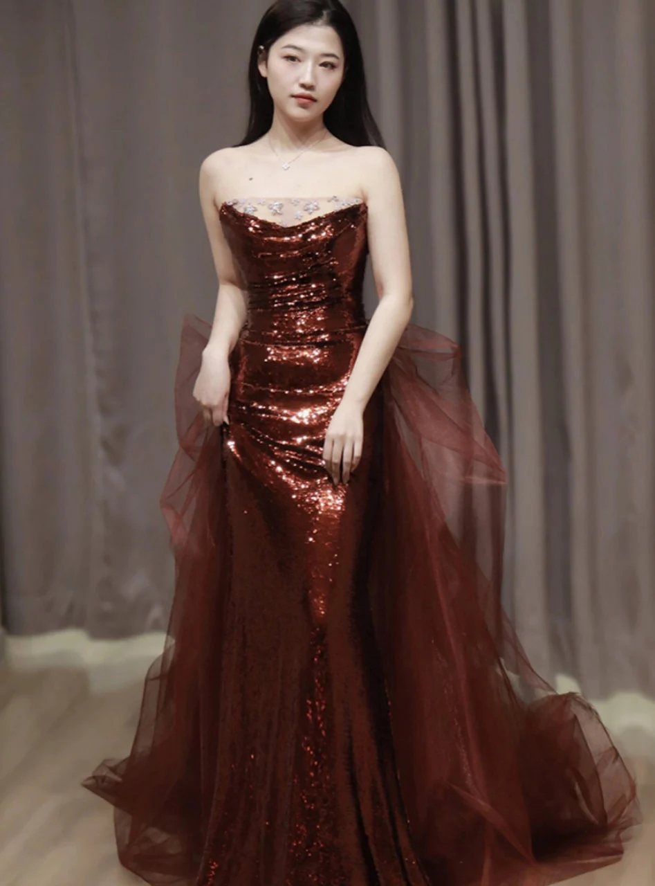 Burgundy Mermaid Sequins Tulle Strapless Prom Dress Evening Dresses DP298 - Deanwangkt