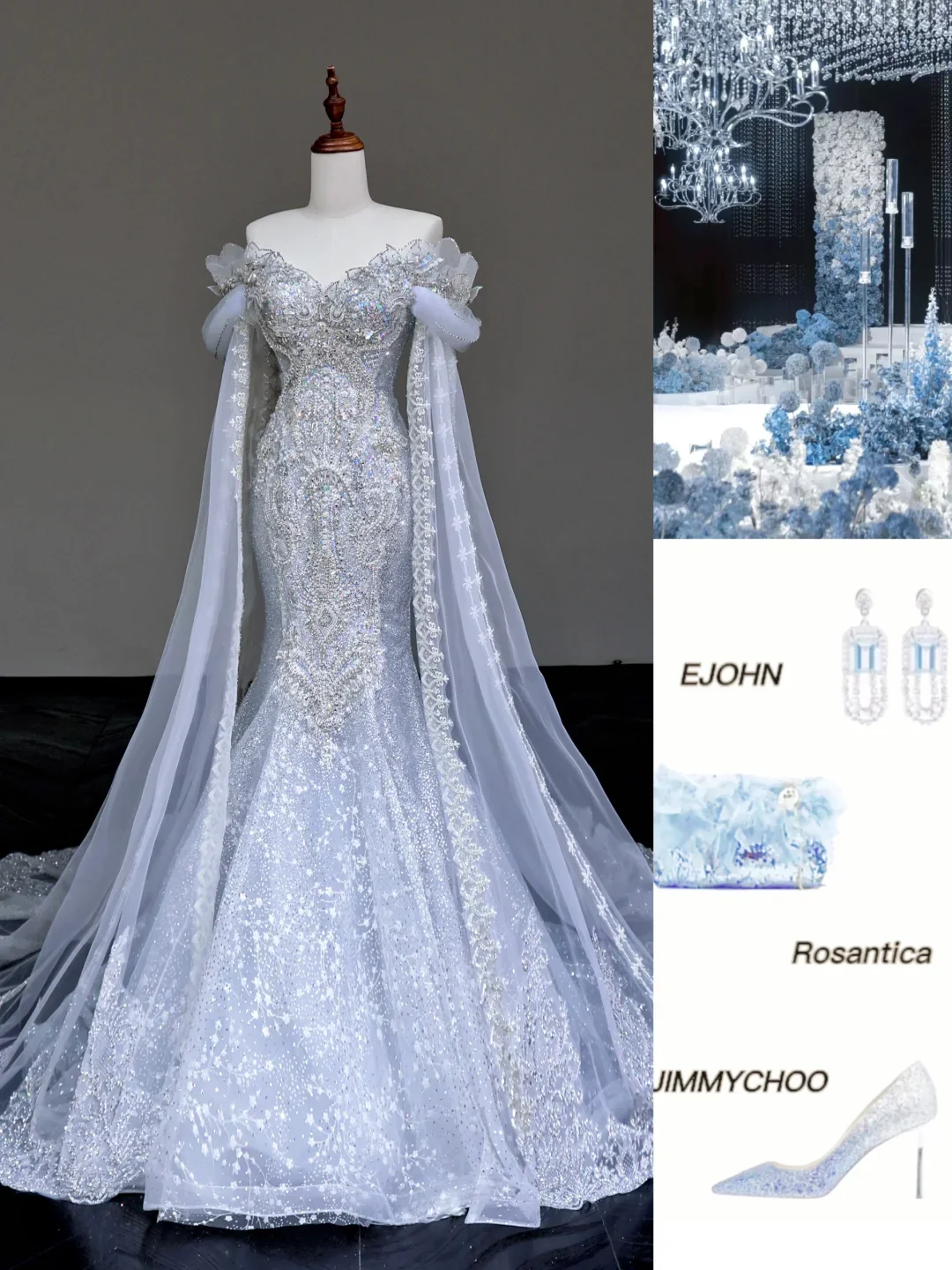 Classy Elegant Mermaid Off The Shoulder Sequin Blue Long Sleeves Wedding Dress Brides Dress DP672 - Deanwangkt