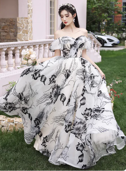 Elegant Off-the-shoulder Evening Dresses, Floral Chiffon Formal Dresses, A-Line Birthday Dresses DP2994 - Deanwangkt