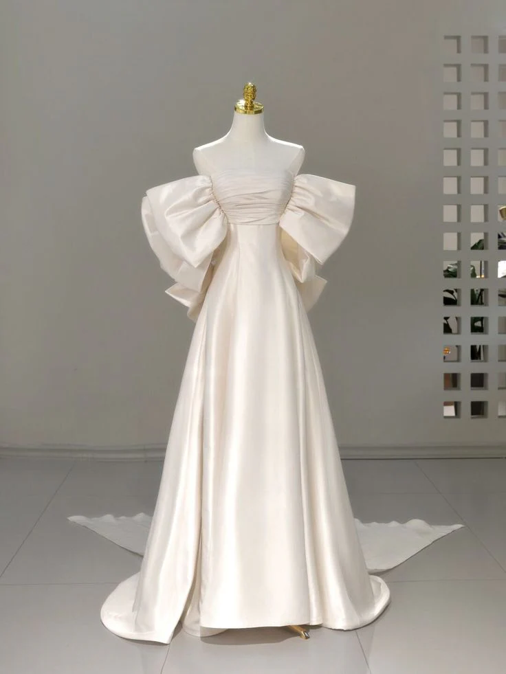 Classic Bridal Gown A Line Off The Shoulder Short Sleeves Satin White Wedding Dresses Minimalist Bridal Gowns DH752 - Deanwangkt