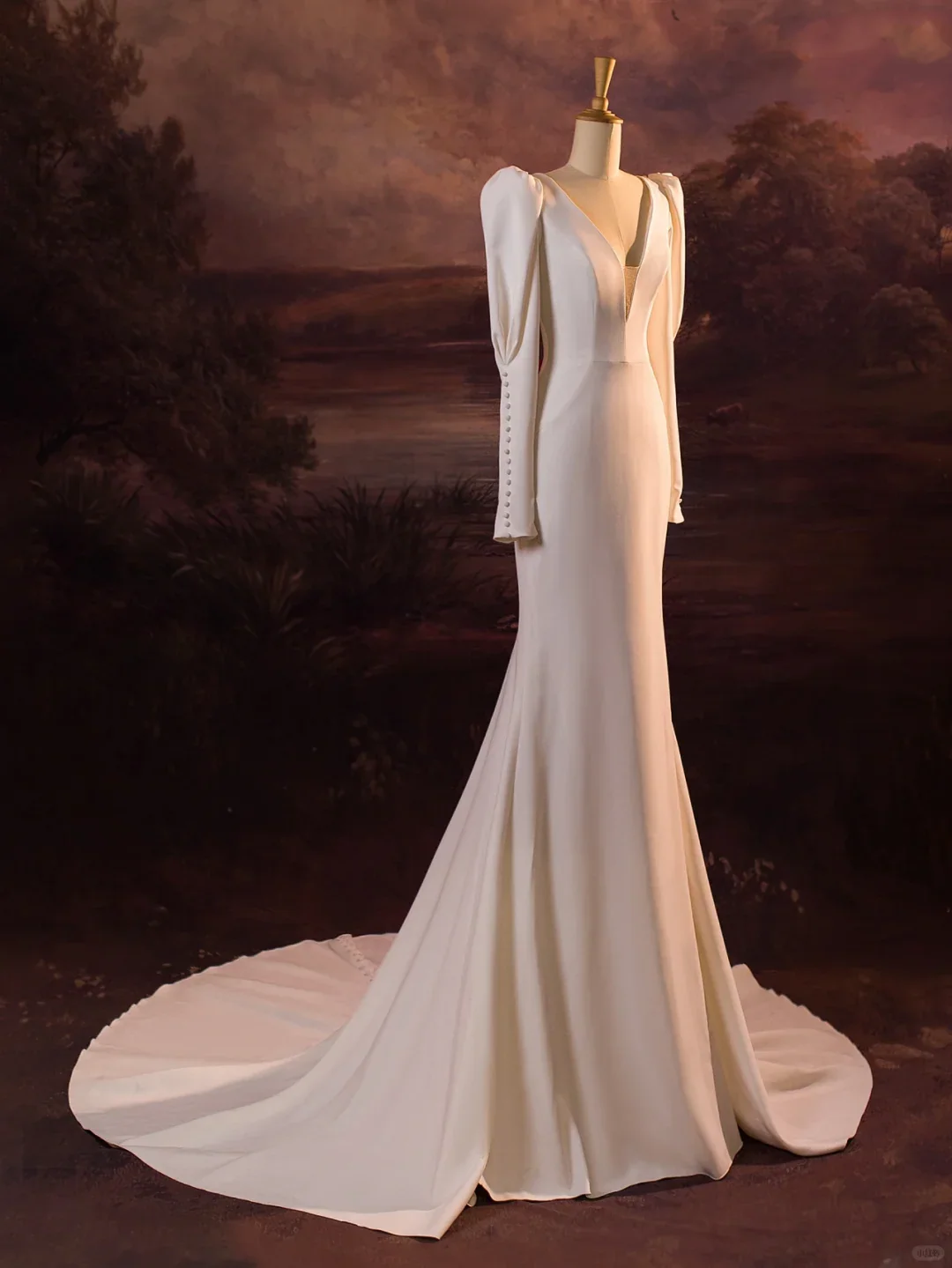 Vintage Wedding Dress Mermaid V Neck White Long Sleeves Satin Long Wedding Dresses Bridal Gowns Brides Gown DH407 - Deanwangkt