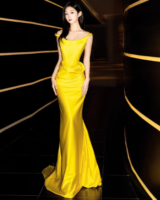 Glam Strap Sheath Long Prom Dresses Satin Yellow Evening Dresses DP3311 - Deanwangkt