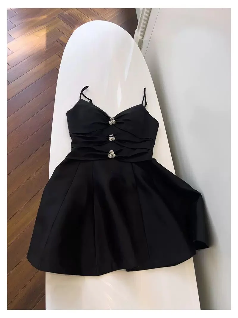 Trendy A Line Spaghetti Straps Black Satin Formal Short 8th Grade Homecoming Dress Summer Middle School Hoco Dresses Birthday Outfits W929 - Deanwangkt