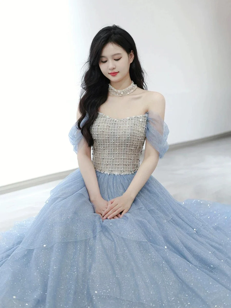 Sexy Ball Gown Off The Shoulder Blue Elegant Tulle Long Prom Dresses H2862 - Deanwangkt
