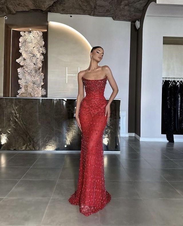 Vintage Sheath Strapless Sequin Red Beads Long Prom Dresses Party Dress Graduation Dresses W0361 - Deanwangkt