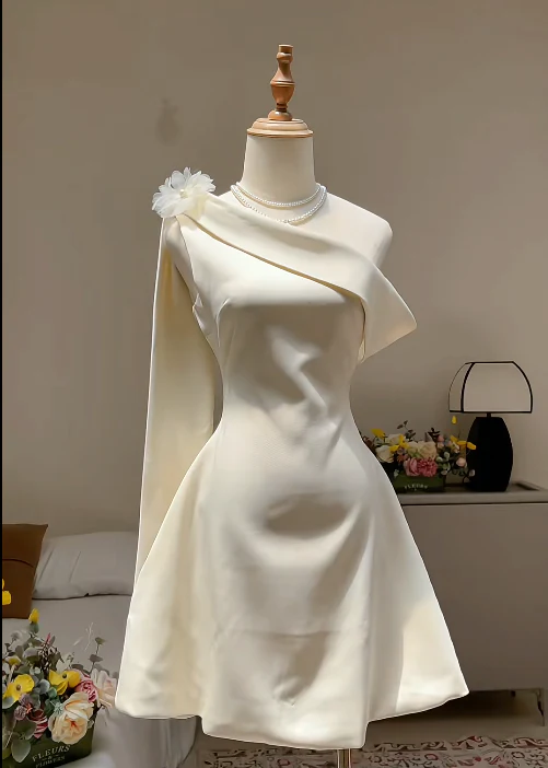 Fairy One-Shoulder Sheath Short Prom Dress Satin White Birthday Dress Sleeveless Homecoming Dresses DP3790 - Deanwangkt