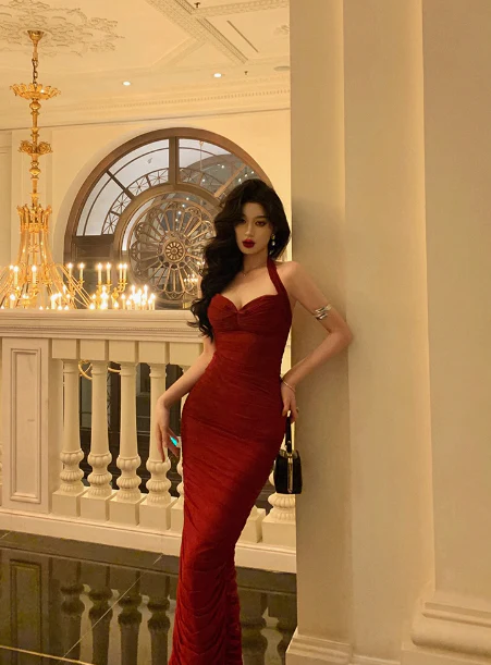 Vintage Sheath Halter Neckline Red Satin Sleeveless 18th Birthday Dress Party Gown Birthday Outfits For Women DP0210 - Deanwangkt