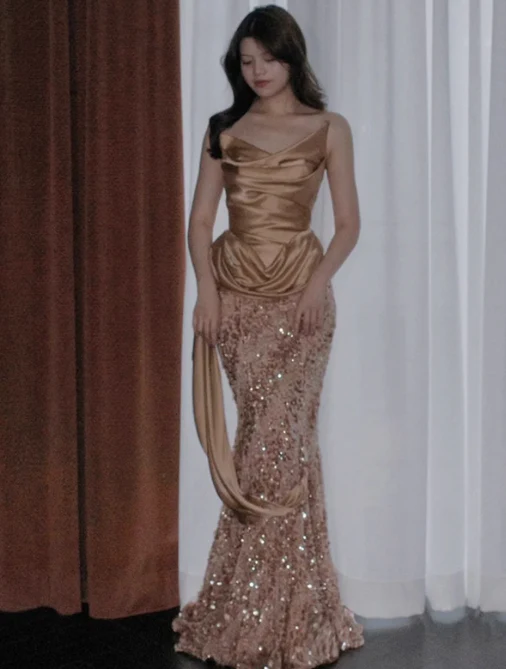 Elegant Mermaid Strapless Long Evening Gowns Champagne Sequin Satin Special Formal Dresses Prom Dresses DP2777 - Deanwangkt