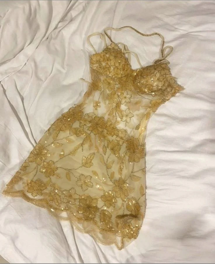 Cute A line Spaghetti Straps Short Gold Sequin Formal 8th Grade Homecoming Dress Summer Middle School Hoco Dresses Birthday Outfits W1150 - Deanwangkt