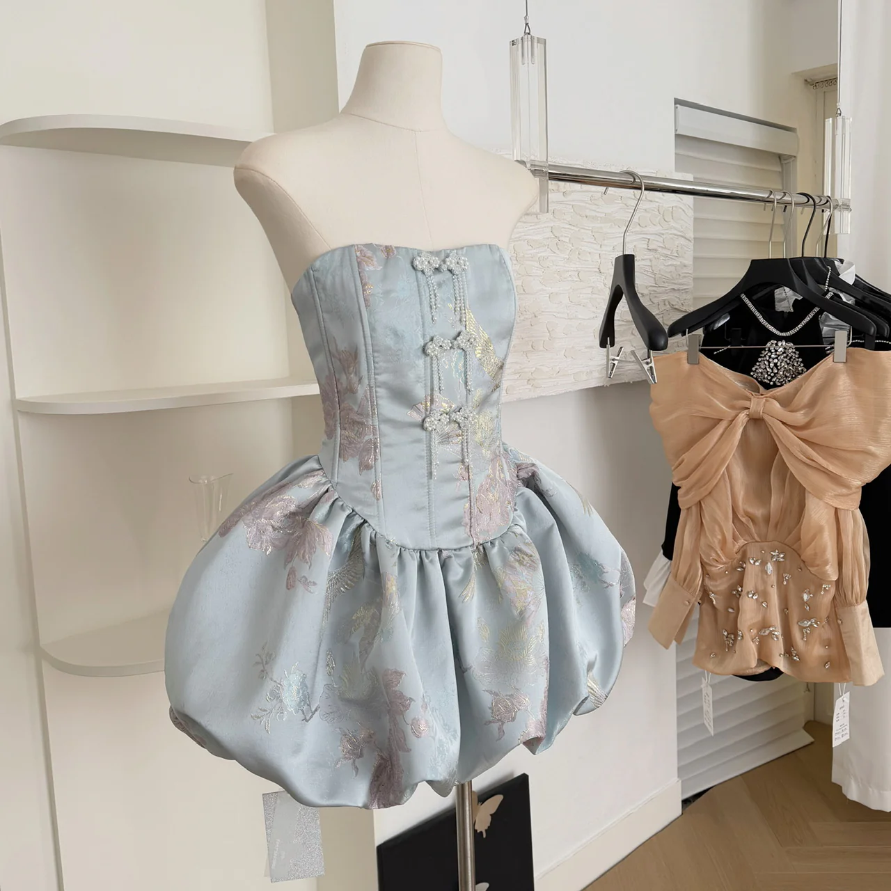 Cute Ball Gown Strapless Satin Floral Pink Short Summer Dress Holiday Party Outfits For Women DP0097 - Deanwangkt