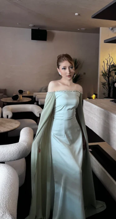 Elegant Off-the-shoulder Sheath Green Mother of the Bride Dress Satin Chiffon Green Evening Dress DP3707 - Deanwangkt