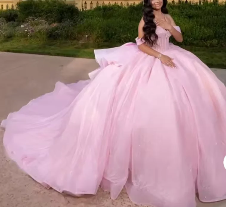 Pretty Ball Gown Off The Shoulder Pink Tulle Long Quinceanera Dress Formal Gowns Vestido De 15 Anos Sweet 16 Dress DH1841 - Deanwangkt
