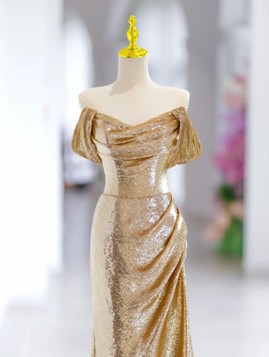 Modest Mermaid Off The Shoulder Gold Sequin Long Evening Party Gowns Evening Dress Special Formal Dresses Prom Dress DH2791 - Deanwangkt