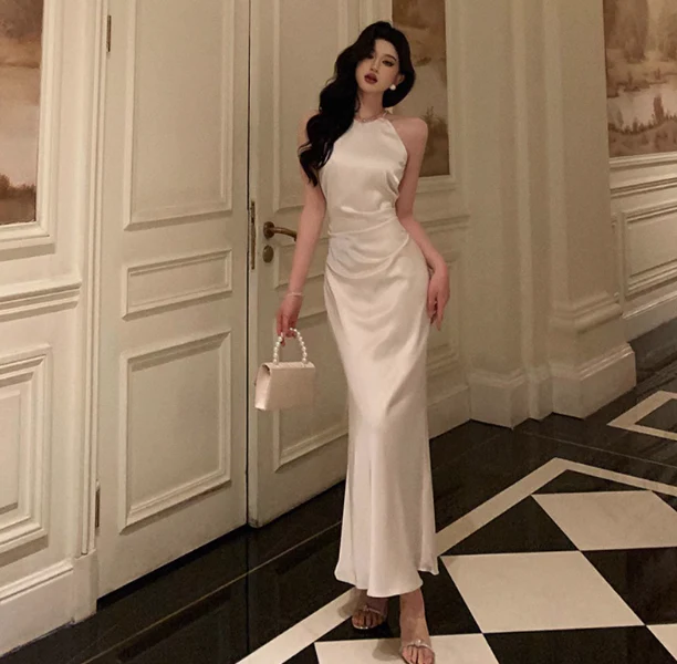 Sexy Mermaid Halter White Satin 18th Birthday Dress Ankle Length Party Birthday Outfits For Women DP0162 - Deanwangkt