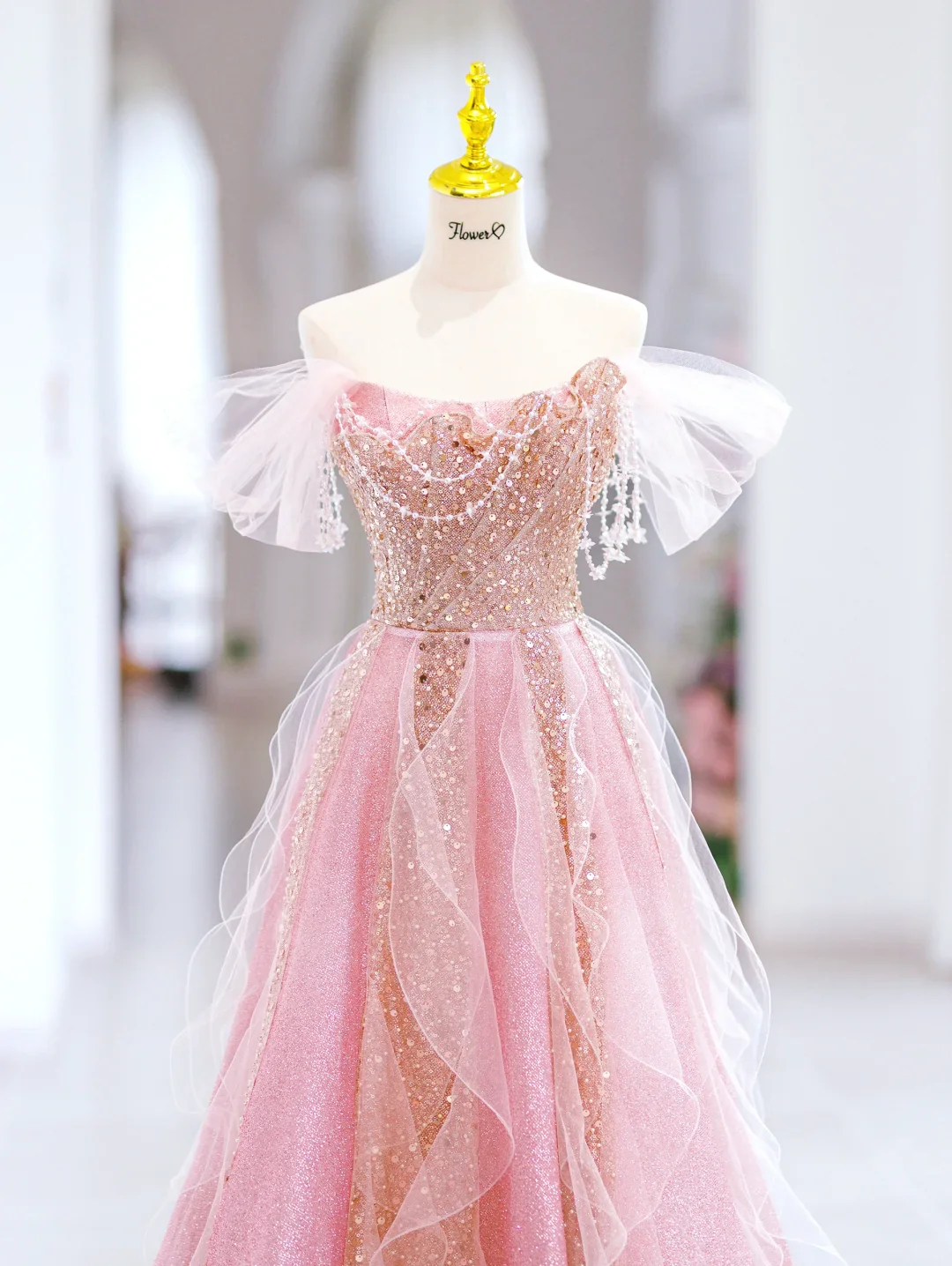 Cute A line Off The Shoulder Sequin Pink Tulle Long Evening Party Gowns Evening Dress Special Formal Dresses Prom Dress DH2798 - Deanwangkt