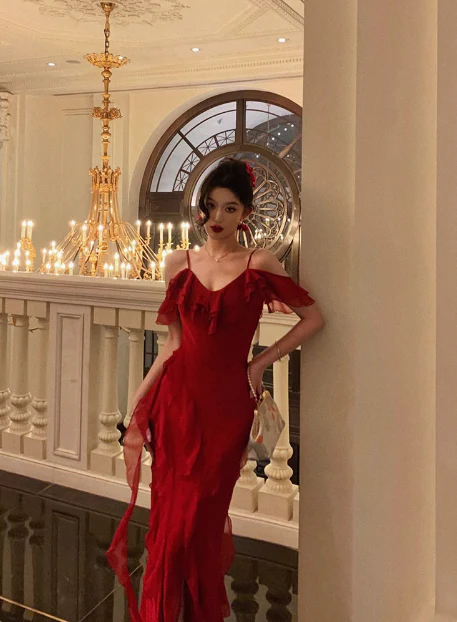 Classy A line Spaghetti Straps Red Chiffon Sleeveless 18th Birthday Dress Party Gown Birthday Outfits Birthday Dress Ideas For Women DP558 - Deanwangkt