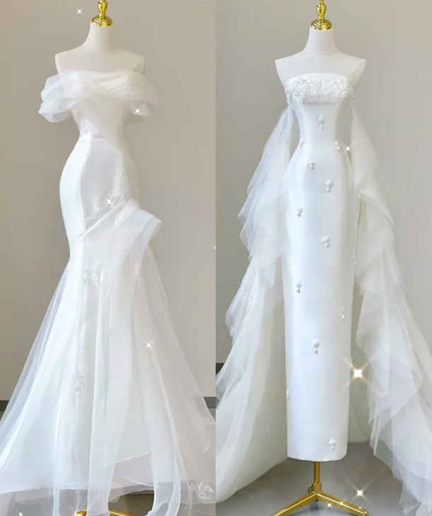 Unique Mermaid Off The Shoulder White Tulle Sweep Train Wedding Dresses Brides Dress P0029 - Deanwangkt