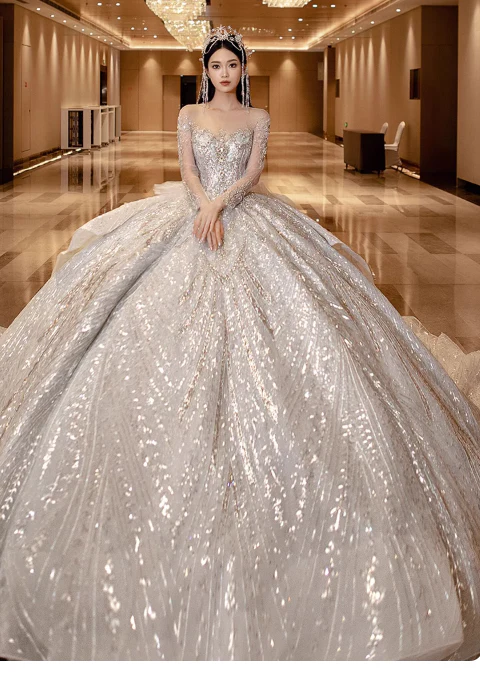Princess Bridal Dress Ball Gown Off-the-shoulder Tulle Sequins White Beads Long Wedding Dress Modest Long Sleeve Bridal Gowns DP2772 - Deanwangkt
