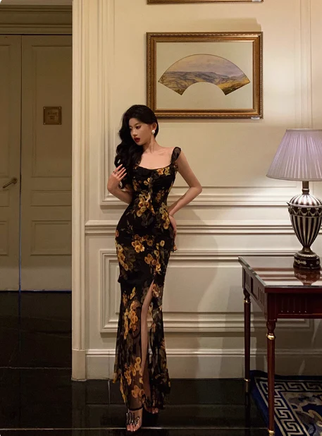 Elegant Mermaid Black Floral Chiffon 18th Birthday Dress Party Gown Birthday Outfits Birthday Dress Ideas For Women DP603 - Deanwangkt