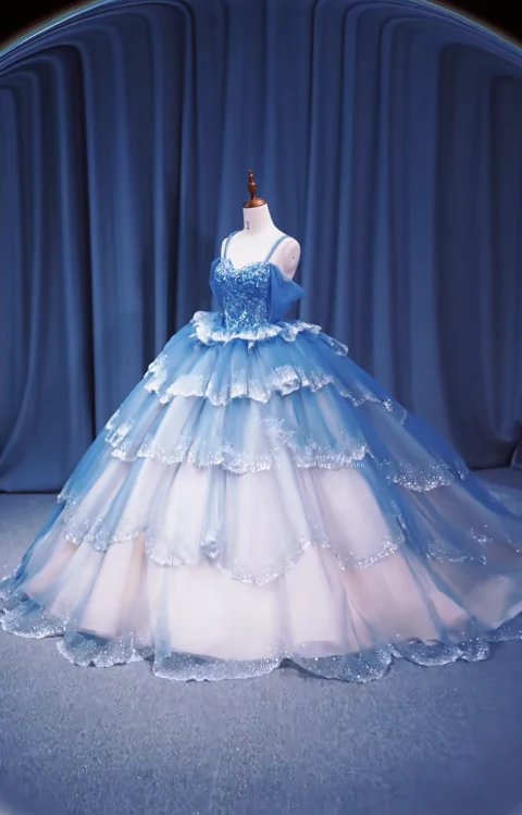 Gorgeous Off-the-Shoulder Ball Gown Tulle Long Prom Dresses Blue Quinceanera Dresses Sweet 16 Dresses DP3361 - Deanwangkt