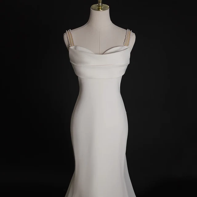 Simple White Mermaid Straps Pearls Wedding Dress Summer Wedding Dress DP616 - Deanwangkt
