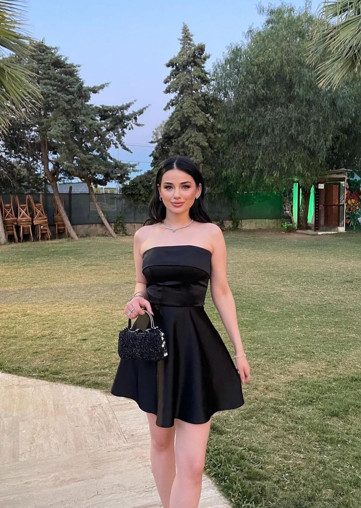 Cute A line Strapless Short Satin Black Formal 8th Grade Homecoming Dress Summer Middle School Hoco Dresses Birthday Outfits W1037 - Deanwangkt