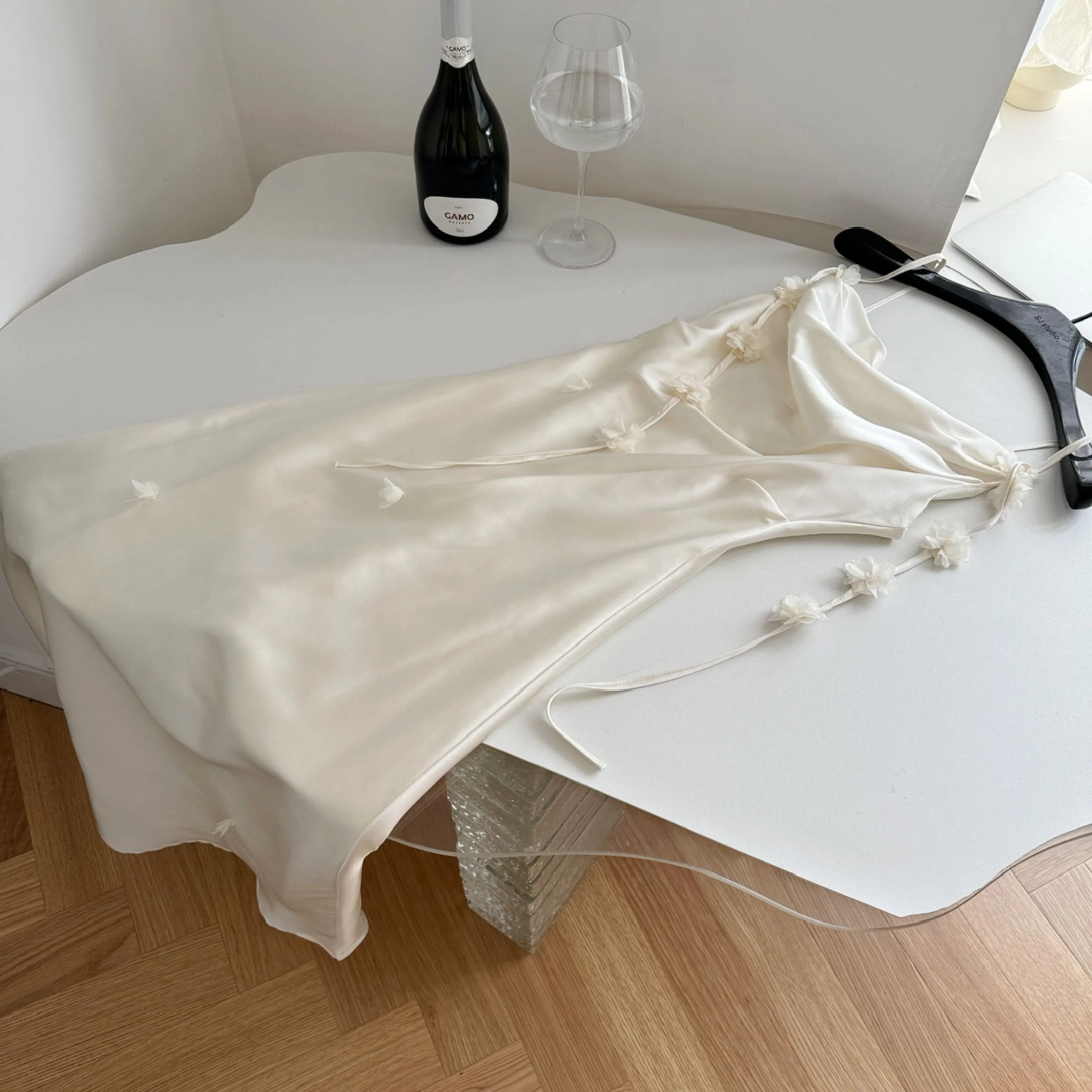 Cute A line Spaghetti Straps Champagne Floral Long Satin Summer Dress For Women DP0009 - Deanwangkt