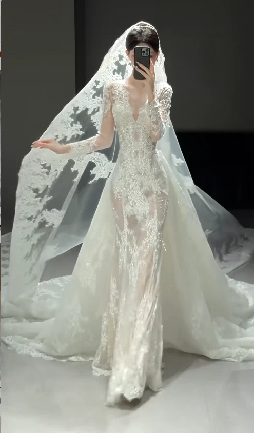 Modest V-neck Sheath Train Long Wedding Dresses Long Sleeve Lace Applique Bridal Dresses White Bridal Gowns DP3841 - Deanwangkt