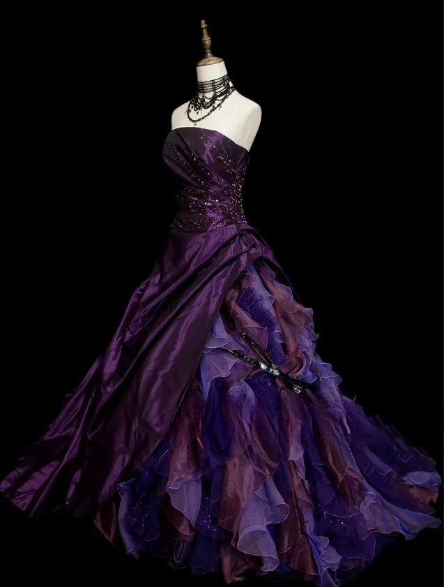 Gorgeous Strapless Ball Gown Satin Long Prom Dresses Tulle Purple Quinceanera Dresses Sweet 16 Dress DP3751 - Deanwangkt