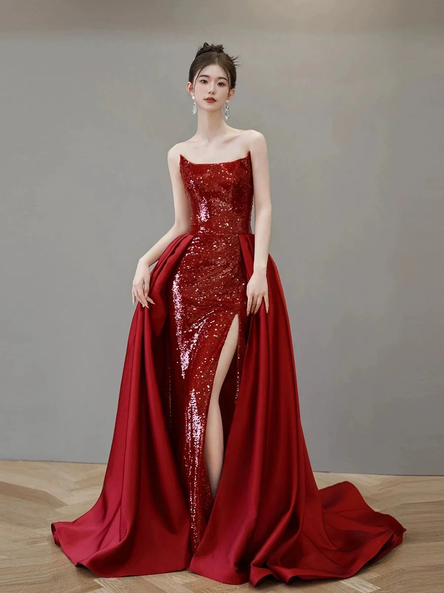 Classy Mermaid Strapless Red Sequin Long Evening Dress Long Prom Dresses H2879 - Deanwangkt