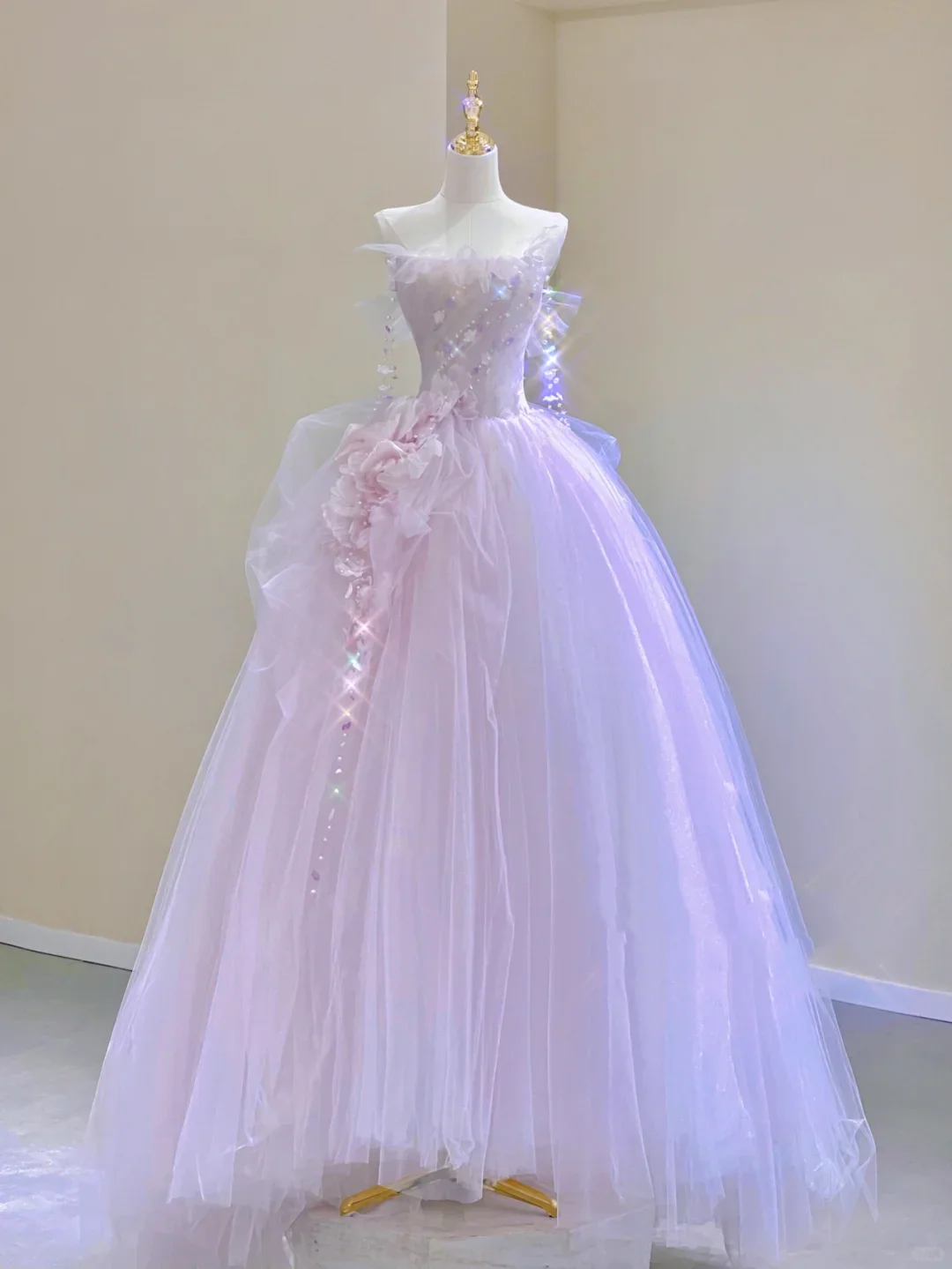 Pretty Ball Gown Strapless Sleeveless Long Pink Tulle Prom Dresses Evening Dresses DP314 - Deanwangkt