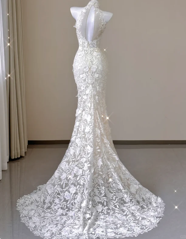 Elegant Mermaid High Neckline White Lace Sleeveless Wedding Dresses Brides Dress P0012 - Deanwangkt