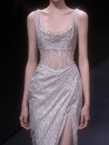 Light Champagne Glitter Tulle Sheath Evening Gowns Gorgeous Beaded Slit Formal Dresses Sparkly Sequin Sleeveless Long Prom Dresses  DH2699 - Deanwangkt