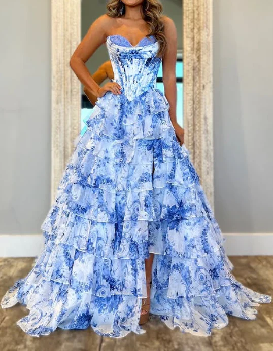 Classy Elegant Ball Gown Floral Blue Print Strapless Long Prom Dress With Chiffon Ruffle Skirt Prom Dresses DP266 - Deanwangkt