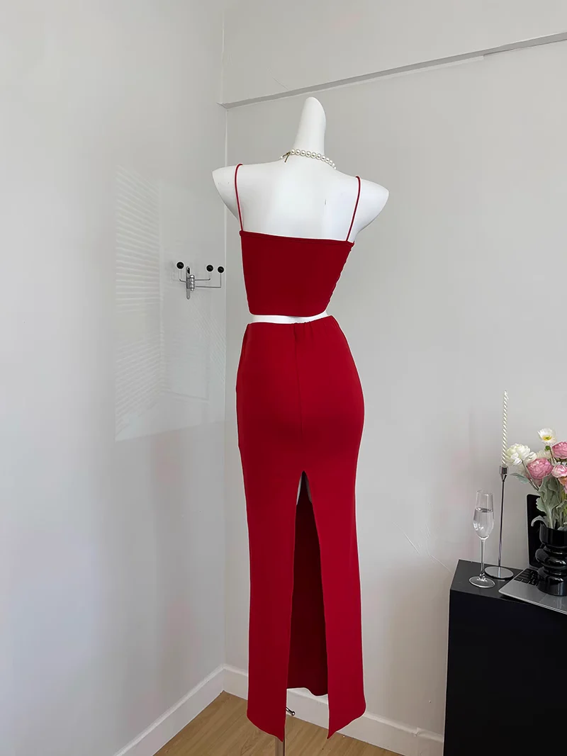 Cute Mermaid Spaghetti Straps 2 Pieces Red Long Summer Dress For Women DP0013 - Deanwangkt