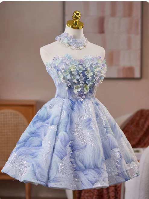 Sweet Strapless A-Line Short Prom Dresses, Blue Homecoming Dresses DP3130 - Deanwangkt