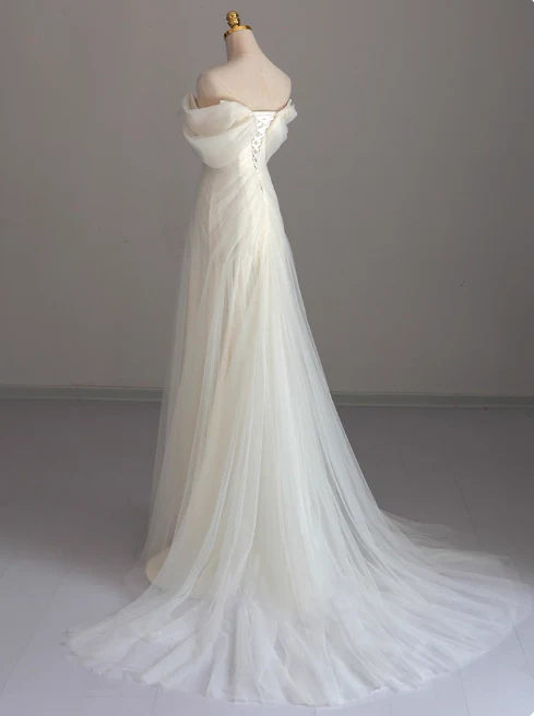 Simple Off-Shoulder A-Line Long Wedding Dress Tulle White Bridal Gown Short Sleeve Bridal Dress DP3792 - Deanwangkt