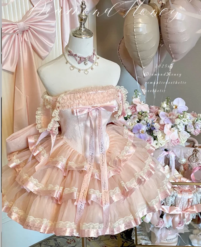 Cute Off-the-shoulder Ball Gown Lace Tulle Short Birthday Dresses Pink Lolita Dresses DP3085 - Deanwangkt
