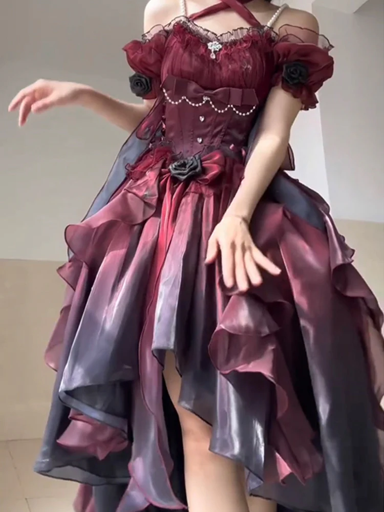 Vintage Ball Gown Off The Shoulder Half Sleeves 21st Birthday Dress Lolita Dress Burgundy Birthday Outfits DH2419 - Deanwangkt