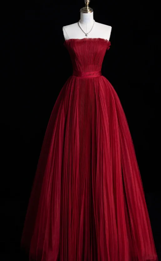 Gorgeous Strapless A-Line Long Prom Dresses Tulle Pleated Sleeveless Evening Dress Burgundy Formal Dresses DP3256 - Deanwangkt