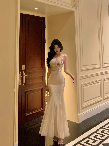 Sexy Mermaid Spaghetti Straps White Floral 18th Birthday Dress Long Party Birthday Outfits For Women DP0159 - Deanwangkt