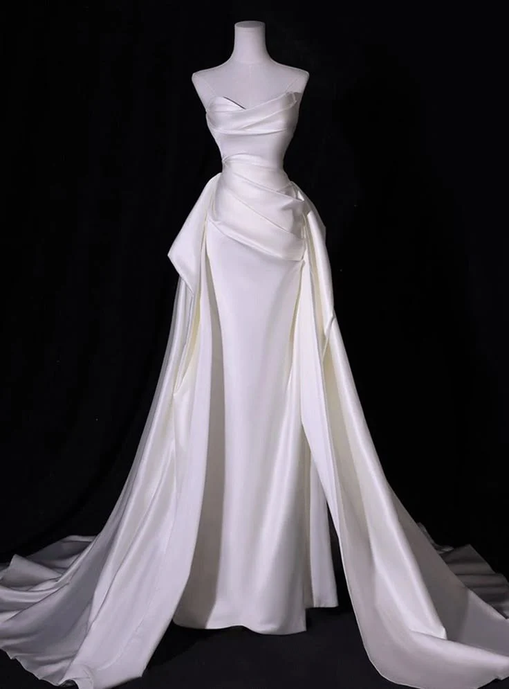 Dreamy Simple White Mermaid Satin Strapless Pleats Wedding Dress Summer Brides Dress DP604 - Deanwangkt