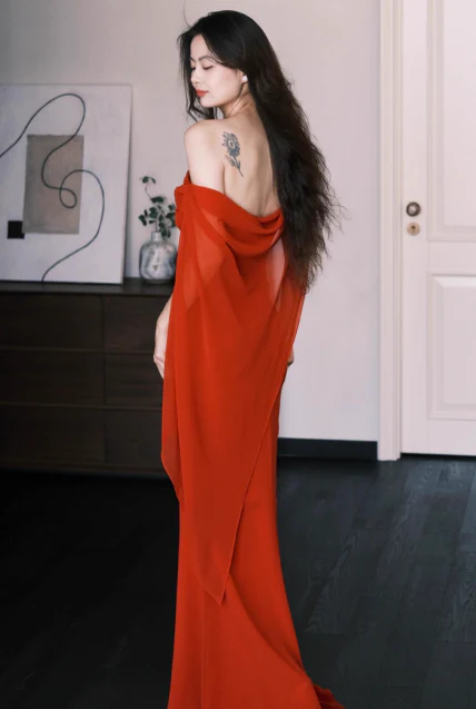 Elegant Off-shoulder Mermaid Chiffon Long Prom Dresses，Red  Formal Evening Gowns DP3069 - Deanwangkt