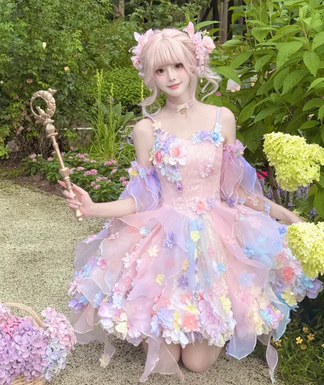 Fairy Spaghetti Strap Ball Gown Tulle Applique Birthday Dresses Pink Lolita Dresses DP3324 - Deanwangkt