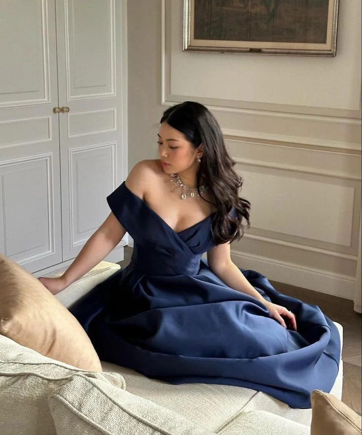 Elegant A line Off The Shoulder Navy Blue Satin Short Sleeves Long Evening Party Gowns Evening Formal Dresses Prom Dress W1040 - Deanwangkt