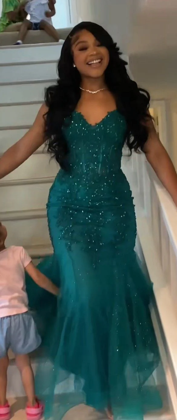 Modest Mermaid Spaghetti Straps Green Tulle Lace Long Black Girl Green Evening Party Gowns Evening Dress Special Formal Dresses Prom Dresses DH2359 - Deanwangkt