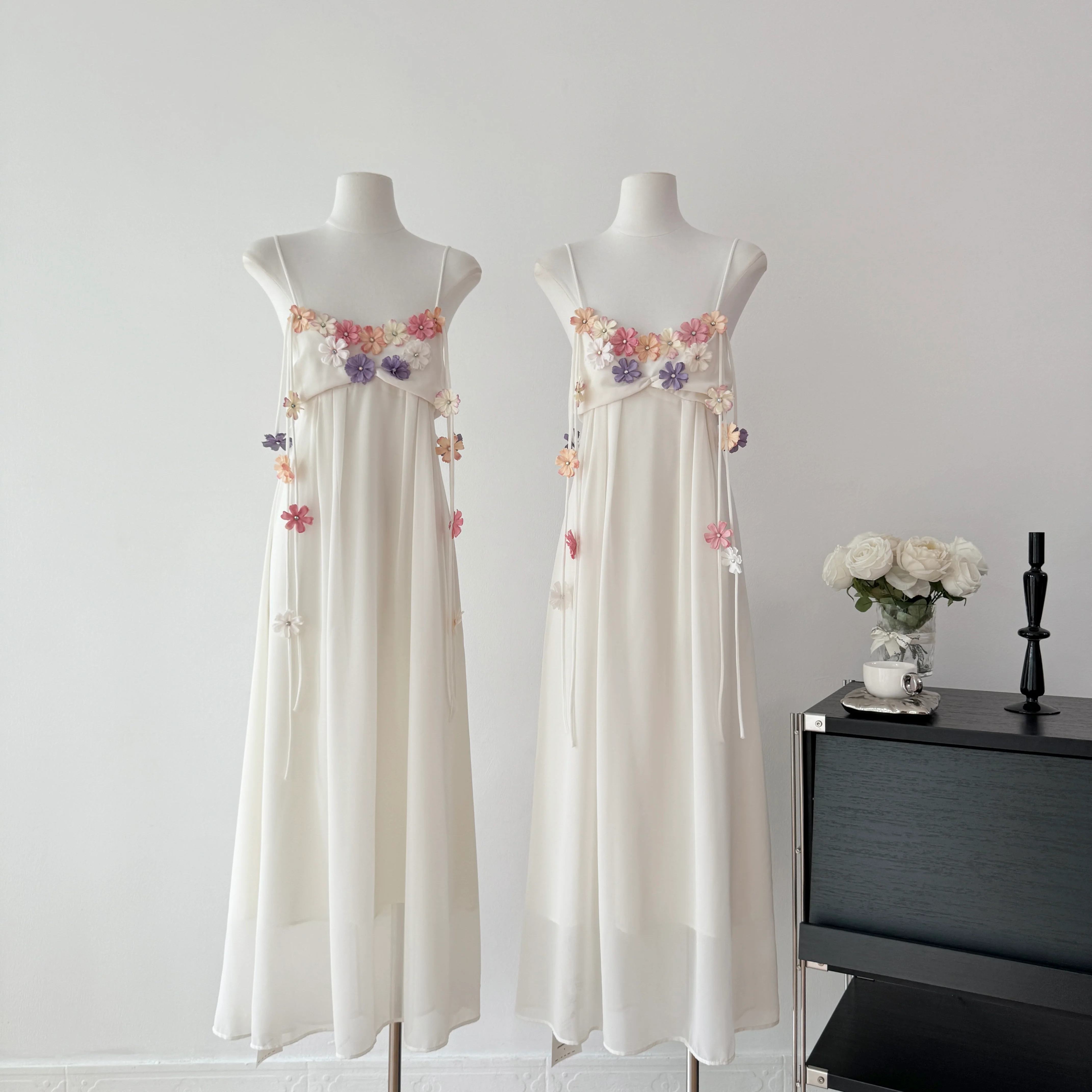 Cute A Line Spaghetti Straps Floral White Chiffon Summer Dress Holiday Party Outfits For Women DP0129 - Deanwangkt