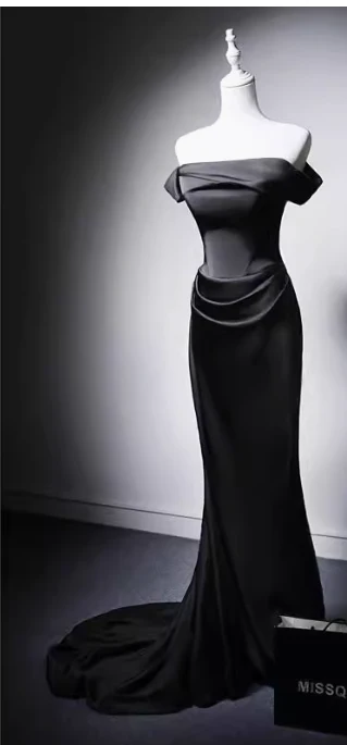 Modest Black Mermaid Evening Gowns Off-the-shoulder Satin Long Prom Dress Elegant 22nd Birthday Dress DH2744 - Deanwangkt